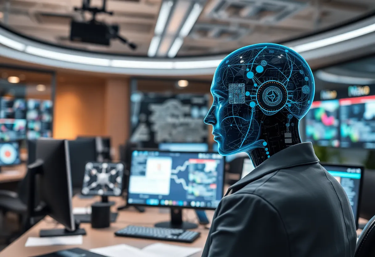 Illustration of artificial intelligence assisting journalists in a newsroom.