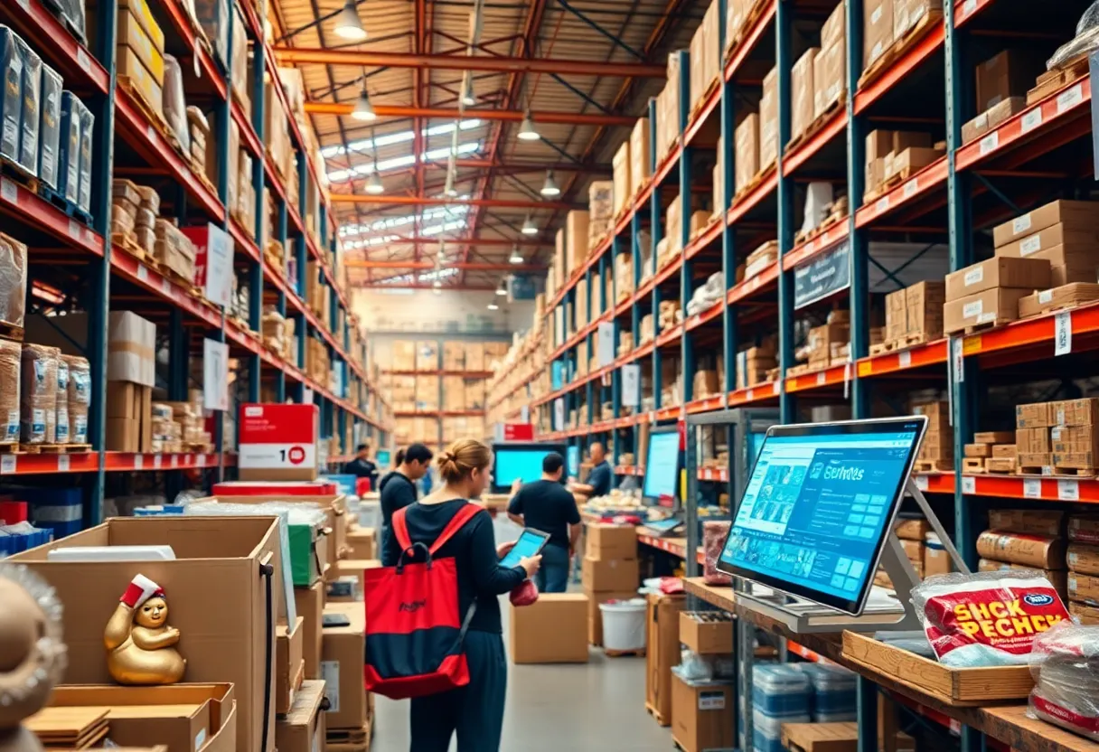 Illustration of Alibaba's e-commerce warehouse showcasing product diversity