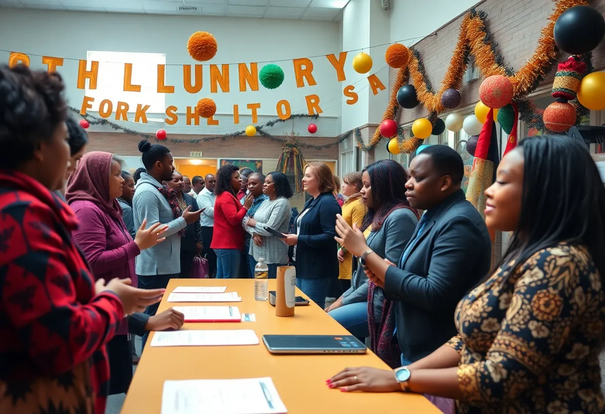 Community gathering celebrating Black History Month with cultural activities.