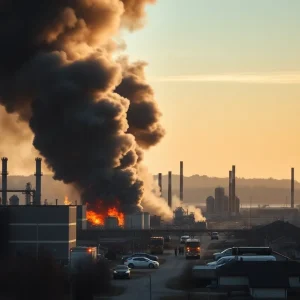 Emergency response team battling chemical fire at BioLab facility in Conyers, Georgia.