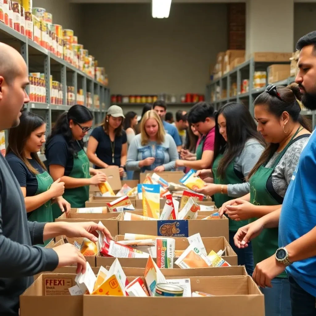 Volunteers packing food pantry shelves at a university event