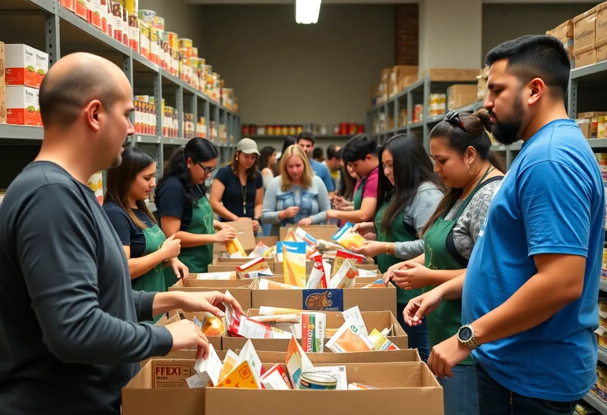 Volunteers packing food pantry shelves at a university event