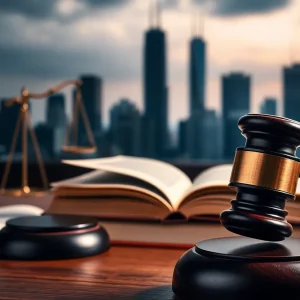 A courtroom with gavel and law books
