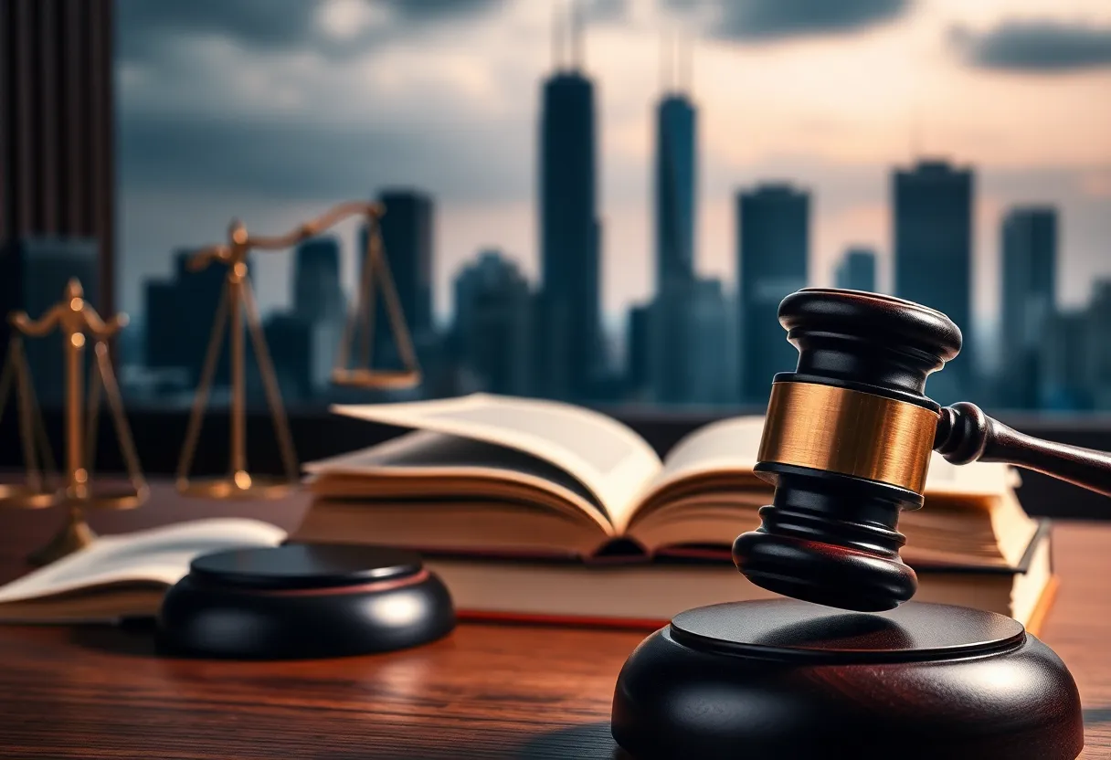 A courtroom with gavel and law books