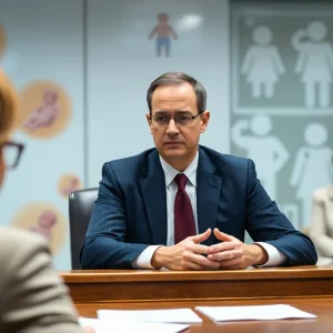 Courtroom scene featuring a judge and a fertility clinic backdrop.