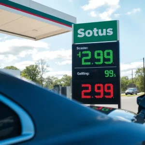 Gas station in Georgia showing $2.99 per gallon for regular unleaded gasoline