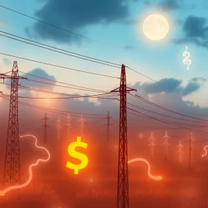 Illustration of an energy grid with power lines highlighting recent rate increases.
