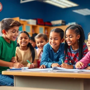Diverse students in a classroom engaged in learning activities.