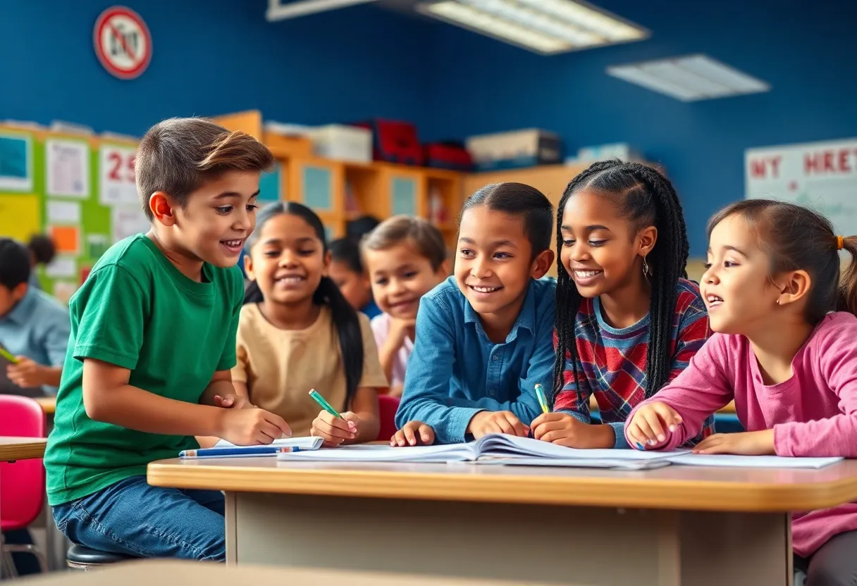 Diverse students in a classroom engaged in learning activities.