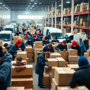 Warehouse workers preparing packages during the holiday season in Georgia.