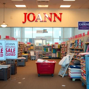 Interior of closed Joann Fabrics store with sale signs