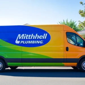 Mitchell's Plumbing service truck parked in a residential area