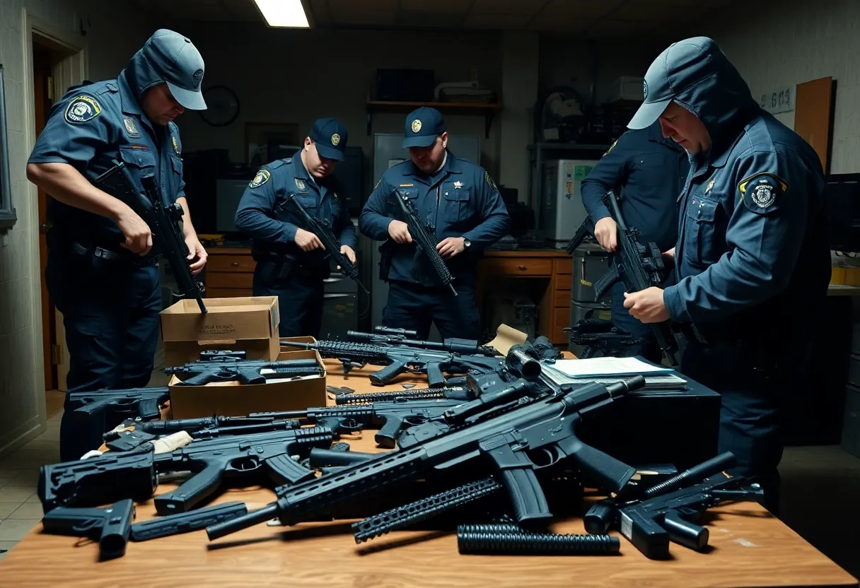 Police officers uncovering illegal firearms and manufacturing tools during a raid.