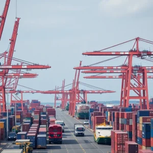 Container ships at the Port of Savannah with cranes in action