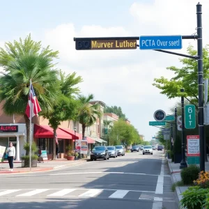A newly revitalized Martin Luther King Jr. Boulevard with shops and pedestrian activity