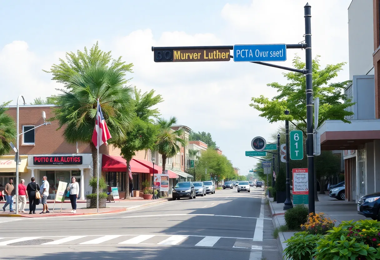 A newly revitalized Martin Luther King Jr. Boulevard with shops and pedestrian activity