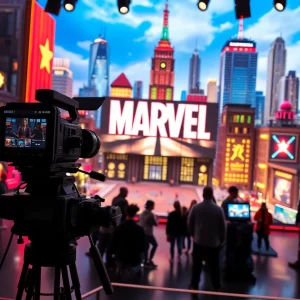 A film set symbolizing the superhero genre with a dynamic city backdrop.