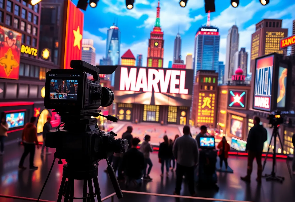 A film set symbolizing the superhero genre with a dynamic city backdrop.