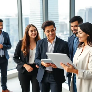 Group of interns collaborating in an office setting