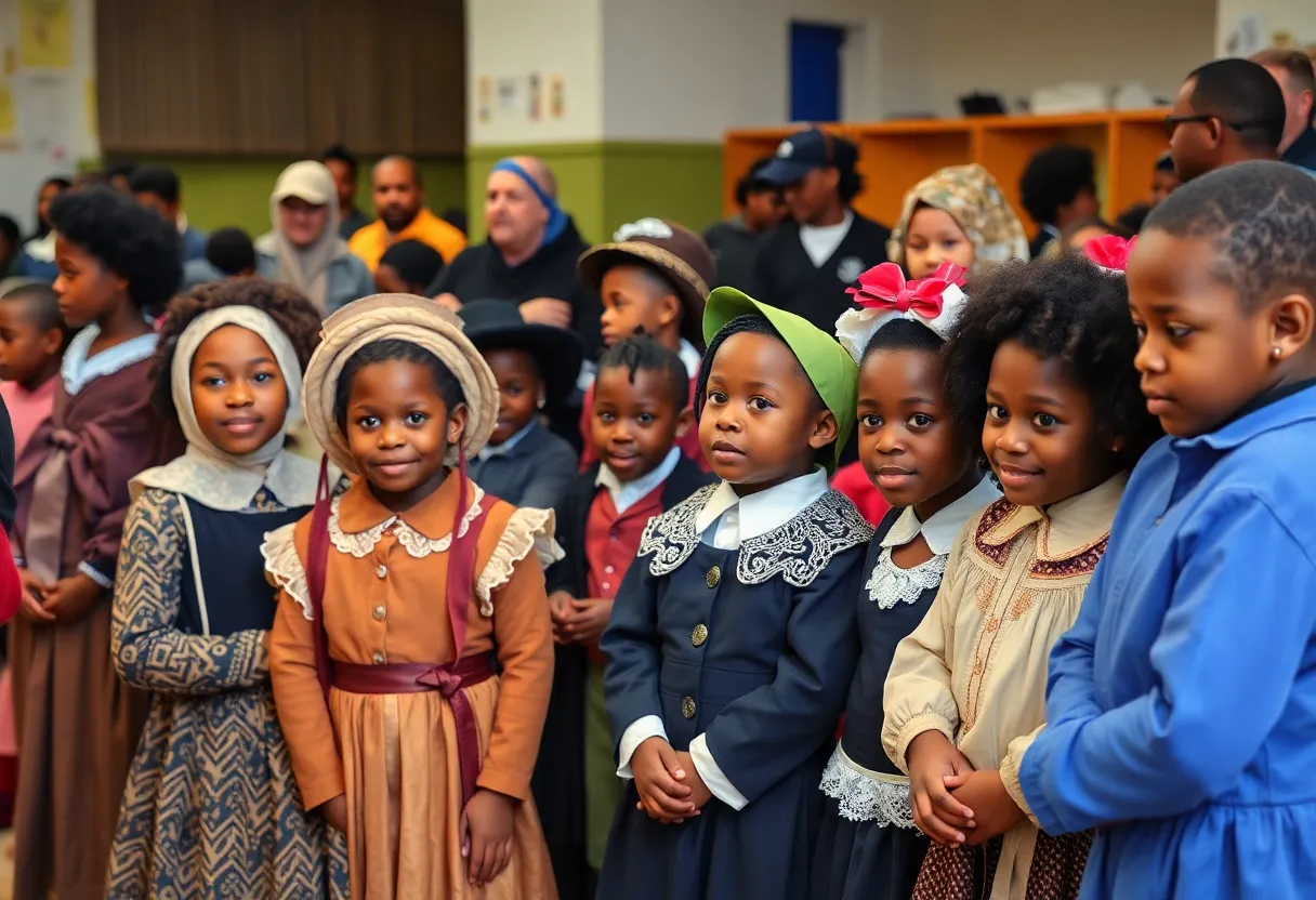 Students participating in a living wax museum event at a Savannah school