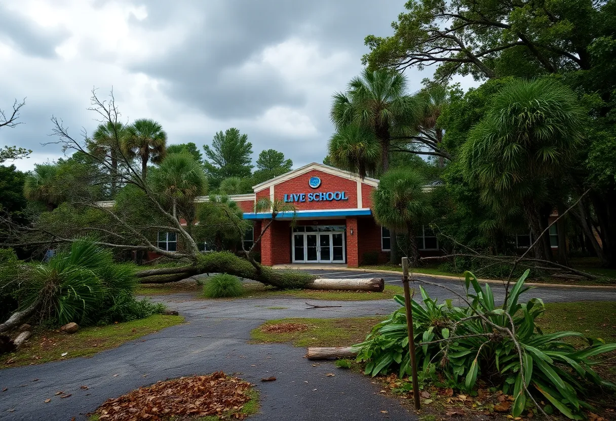 Closed school building in Savannah after Hurricane Helene