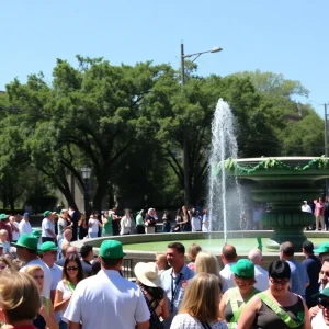 Crowd celebrating at the Savannah St. Patrick's Day Parade with green decorations.