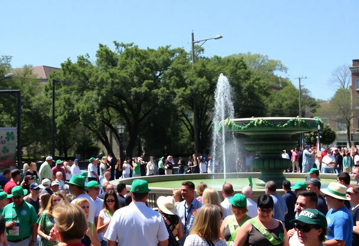 Crowd celebrating at the Savannah St. Patrick's Day Parade with green decorations.