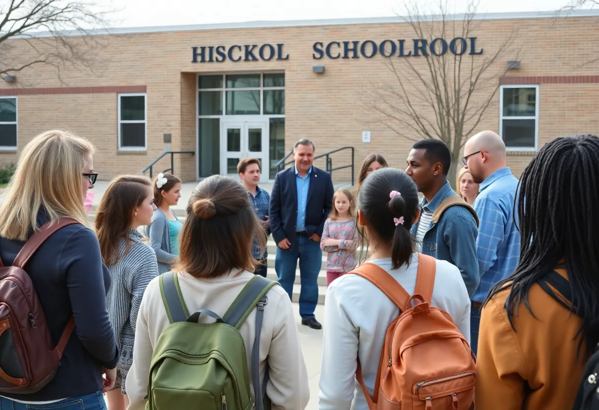 Parents and students discussing school safety outside DeRenne Middle School