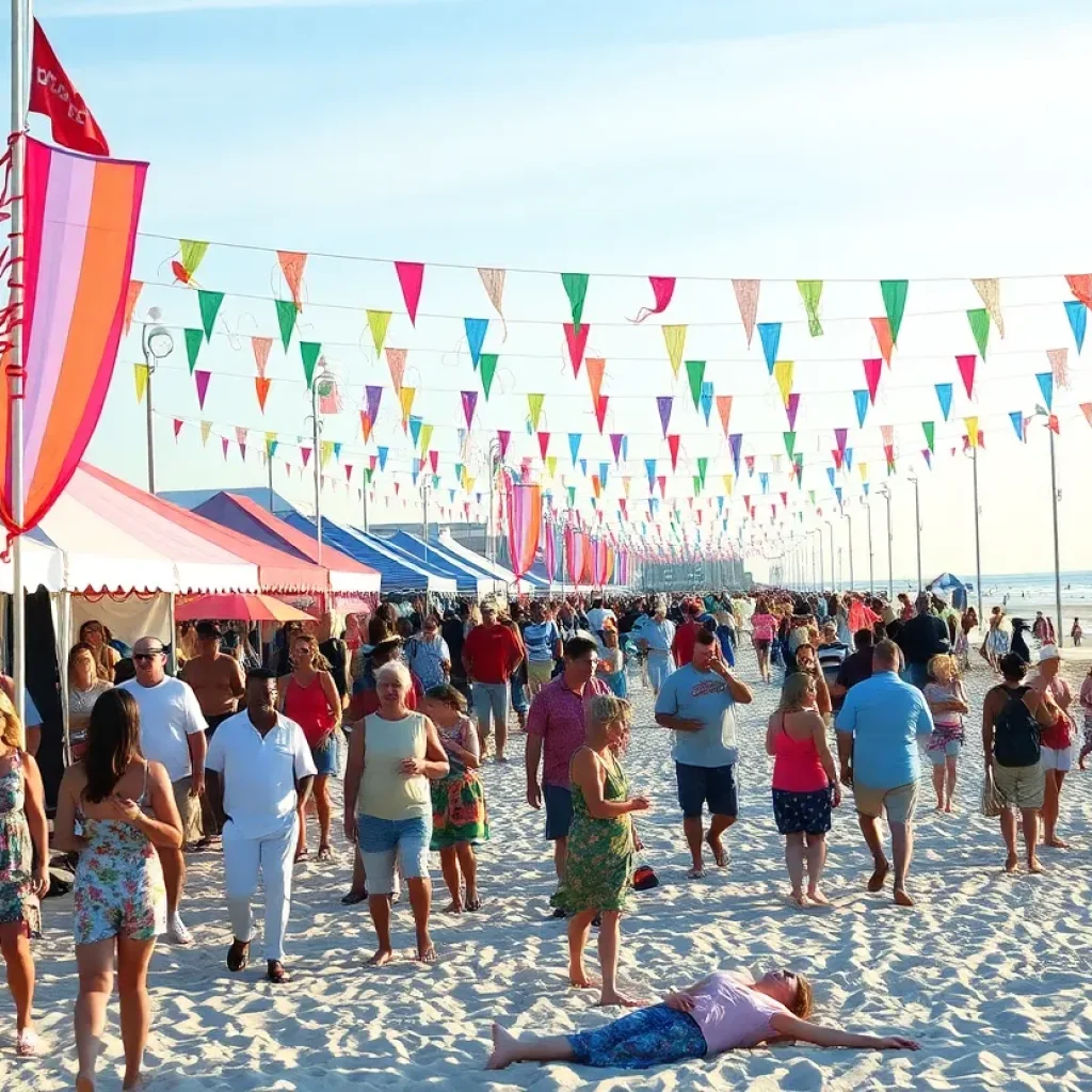 Crowd enjoying the 2025 Orange Crush Festival on Tybee Island with decorations and traffic control measures.