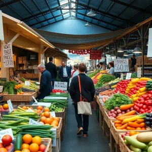 Vendors at Atlanta Farmers Market showcasing produce with price increase signs.