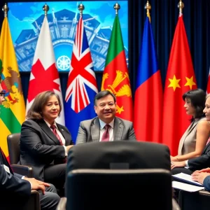 Diverse business leaders discussing international relations