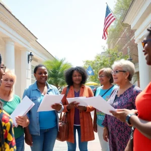 Diverse group of citizens discussing voting plans at a polling location in Savannah.
