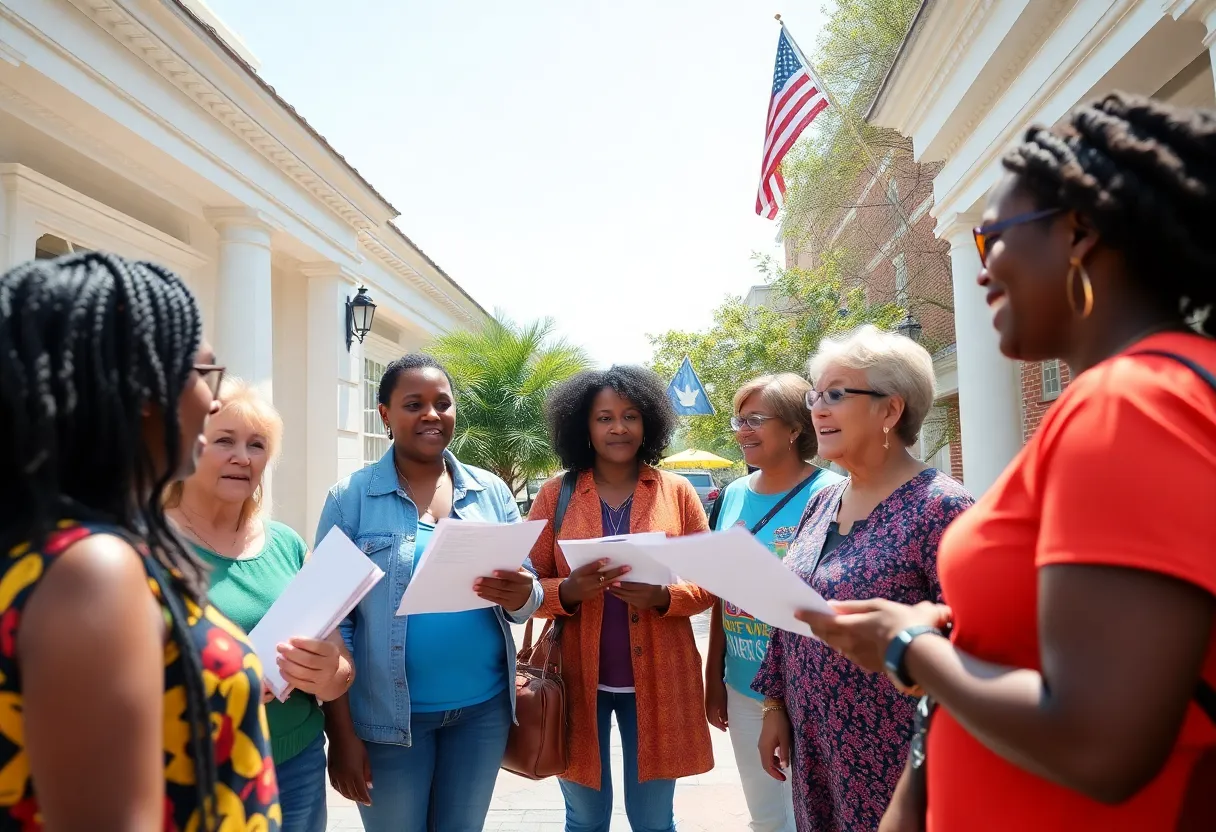 Diverse group of citizens discussing voting plans at a polling location in Savannah.