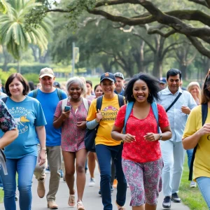 Participants enjoying a community walking event in a park in Savannah