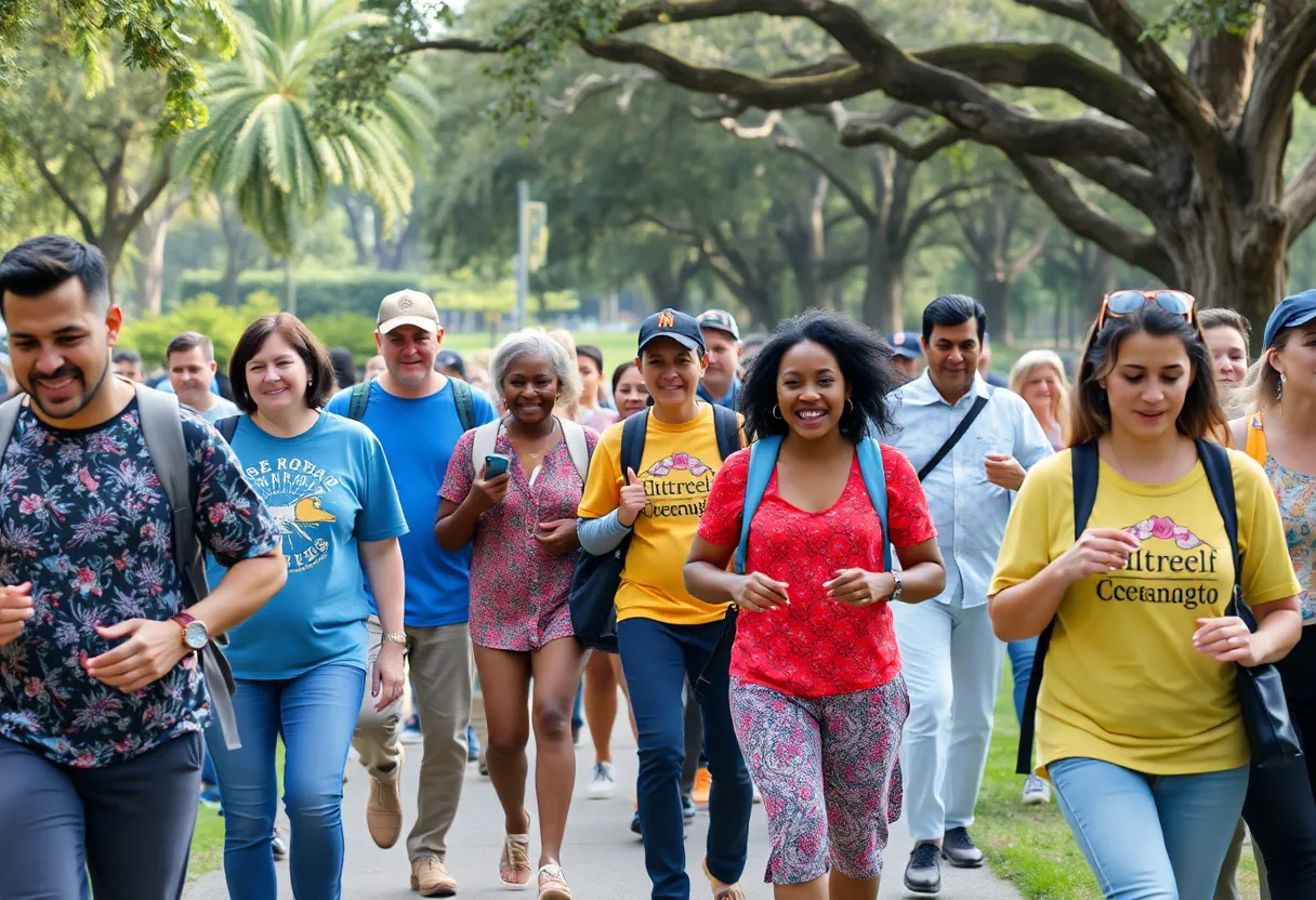 Participants enjoying a community walking event in a park in Savannah