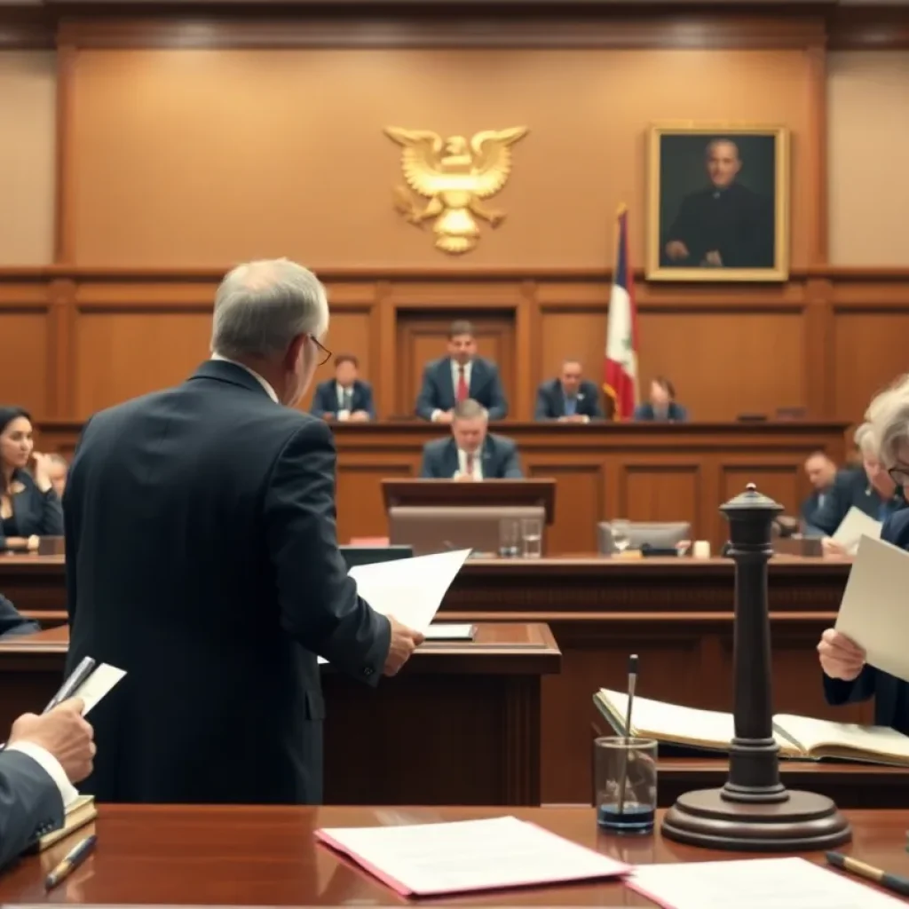 A courtroom with judge and attorneys discussing legal documents, representing transparency in government actions.