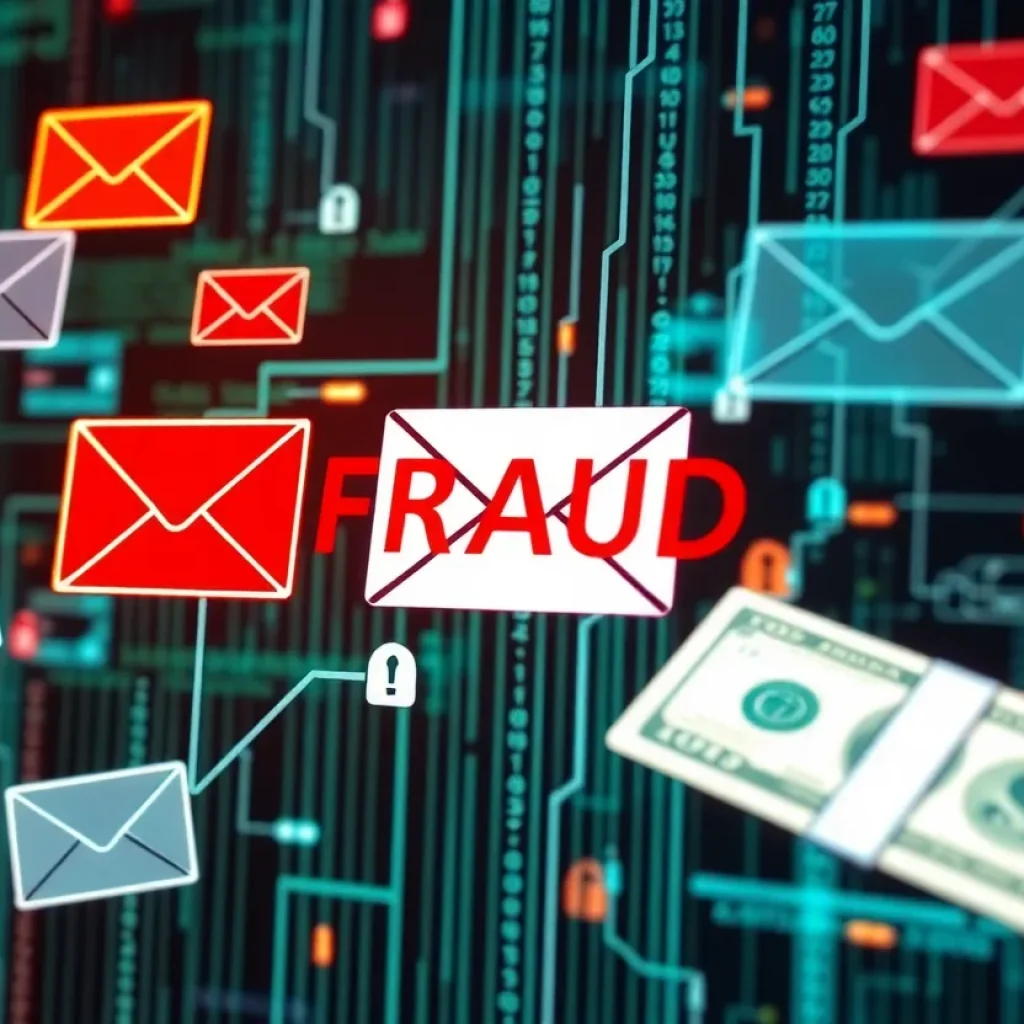 Abstract visual of cyber fraud with digital elements.
