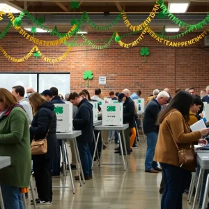 Citizens participating in early voting for ESPLOST V surrounded by St. Patrick's Day decorations.