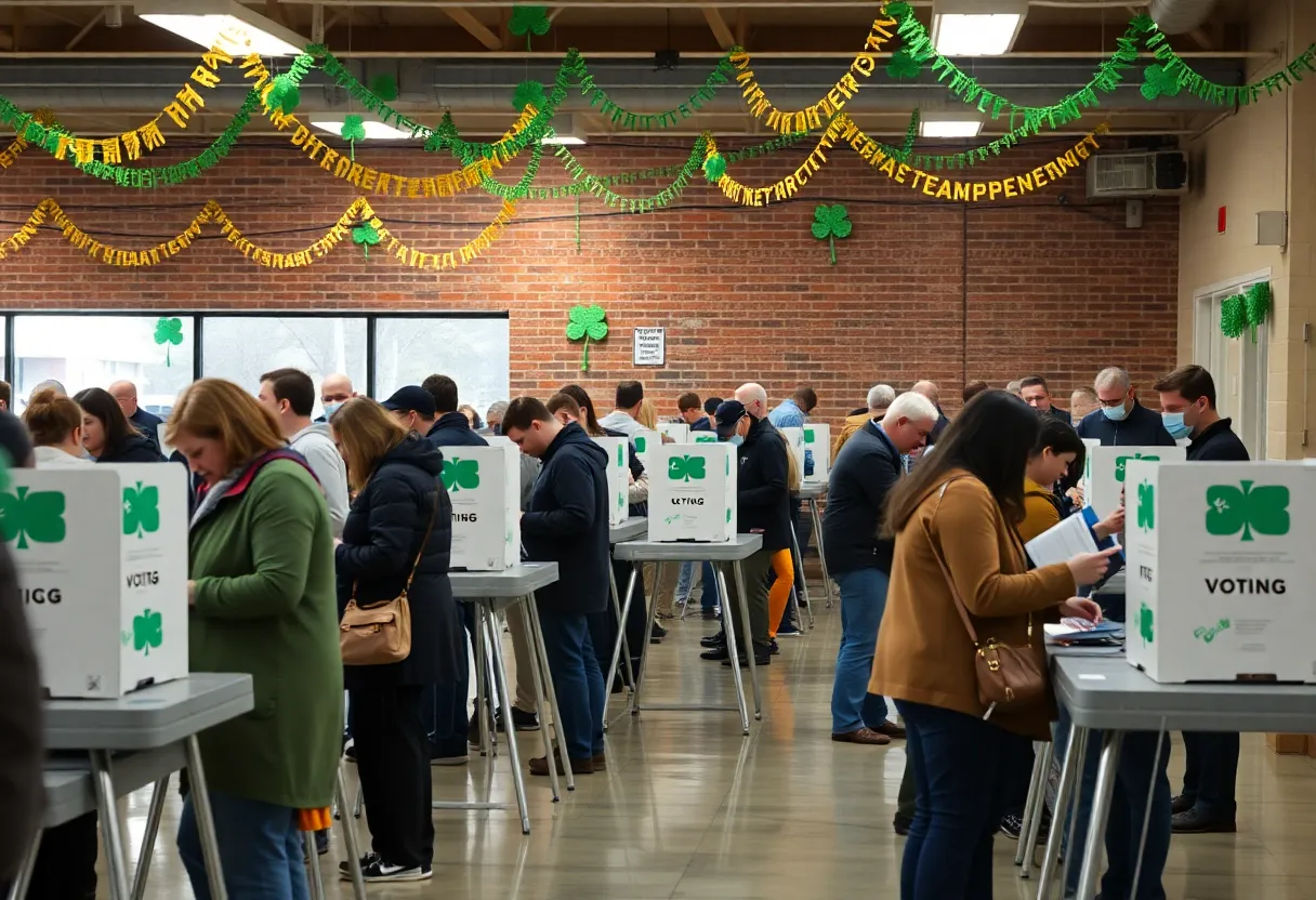 Citizens participating in early voting for ESPLOST V surrounded by St. Patrick's Day decorations.