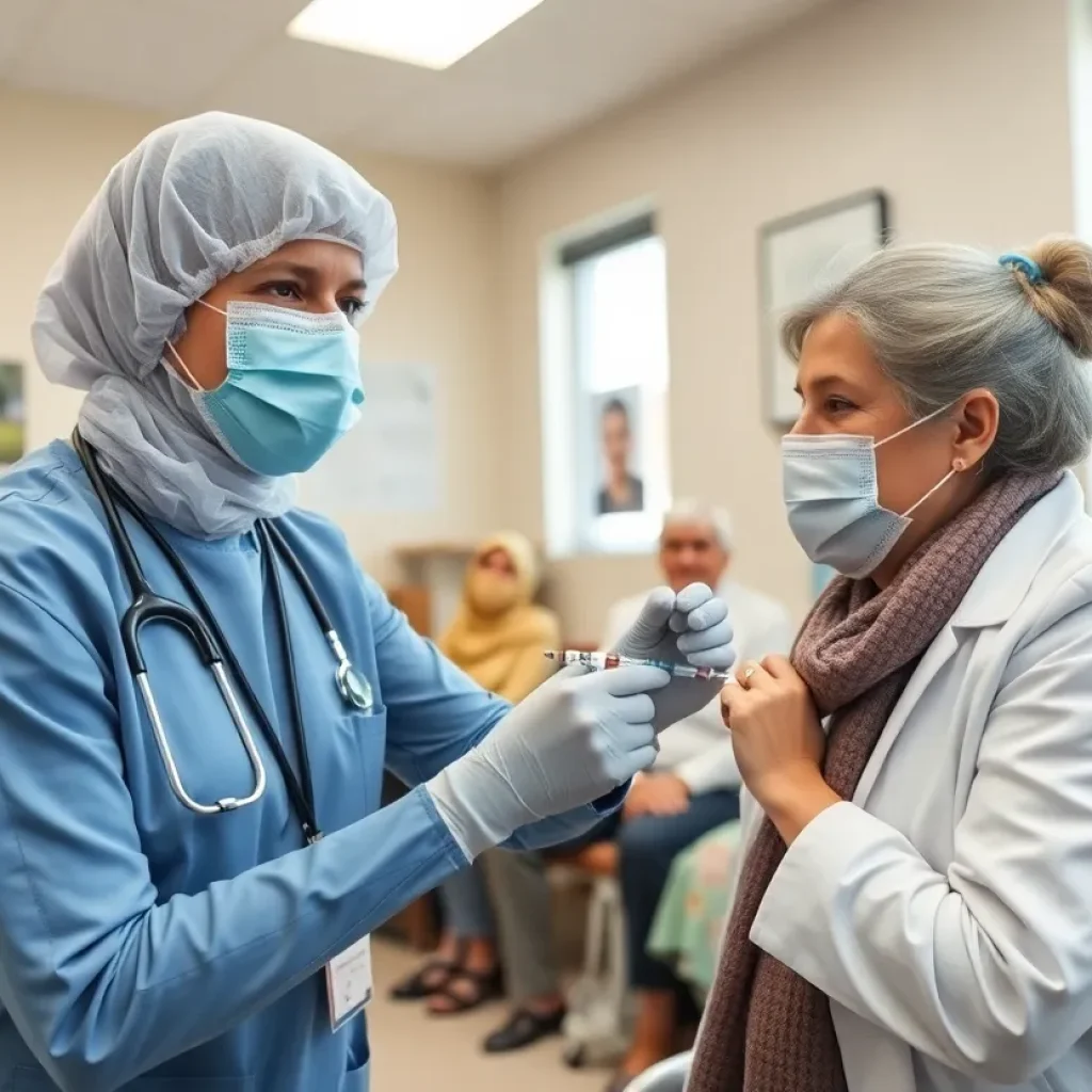 A healthcare professional giving a flu vaccine to a patient in a friendly clinic atmosphere.