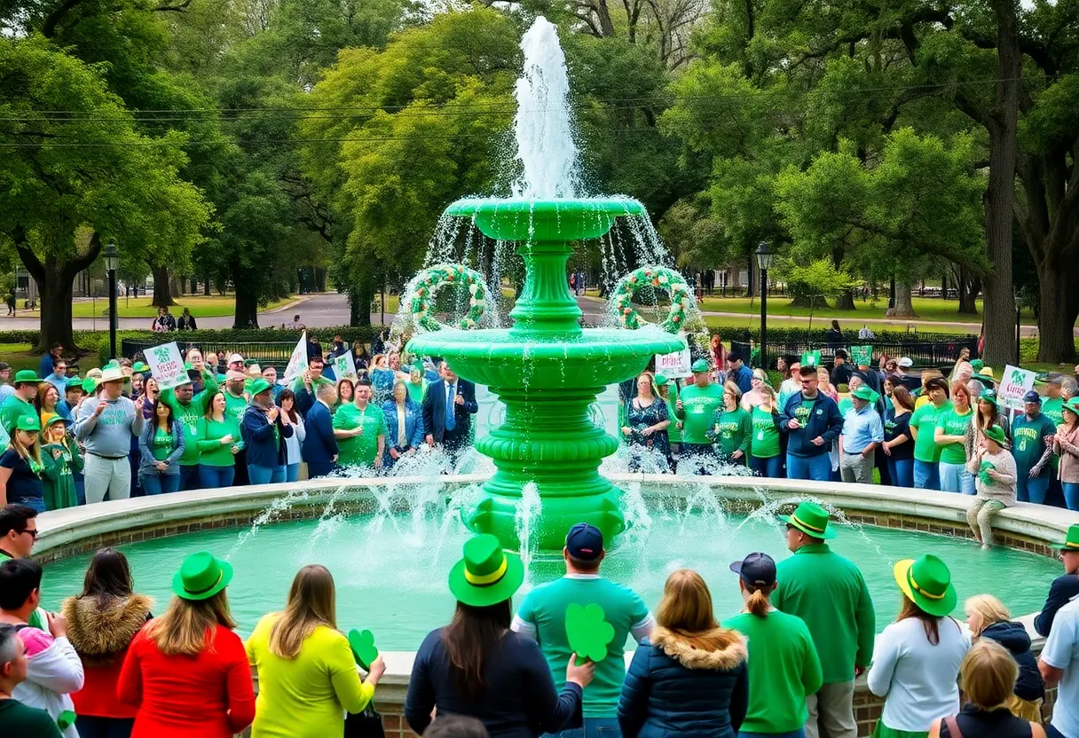 Forsyth Park Fountain decorated in green for St. Patrick's Day celebrations