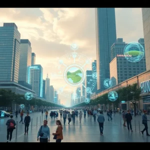 A futuristic depiction of a city with artificial intelligence integration