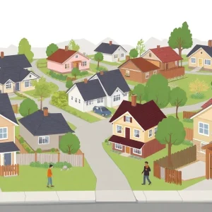 Depiction of a suburban neighborhood reflecting property ownership issues and housing rights discussions.