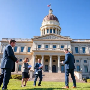 Georgia state capitol building with businesspeople discussing