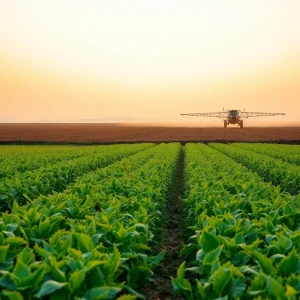 A field showcasing agricultural crops with a pesticide sprayer in action