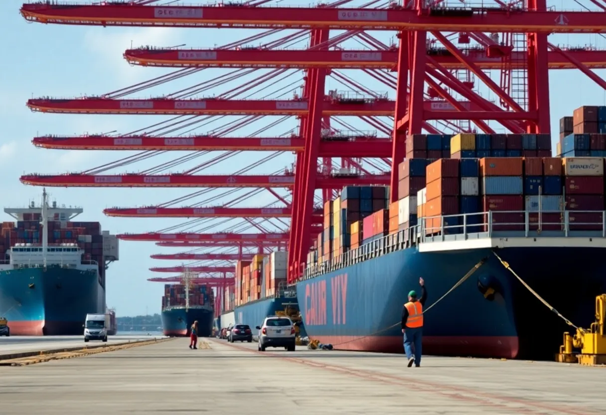 A bustling Georgia port with shipping containers and cranes indicating job creation and economic activity.