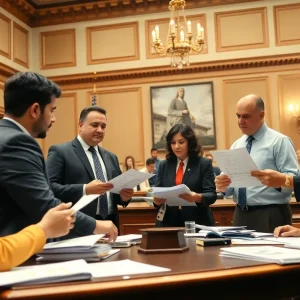 A diverse group discussing legislative regulations in Georgia.