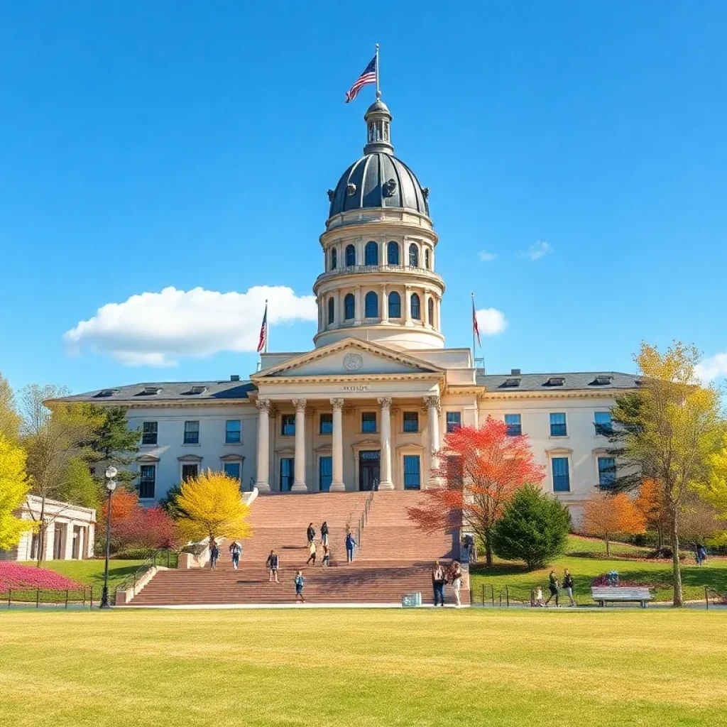 Spring landscape with Georgia state capitol building and people celebrating financial relief.