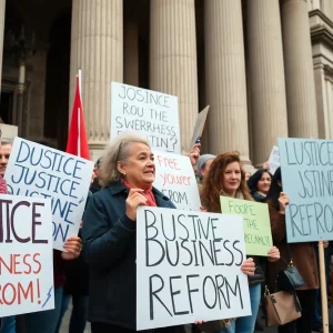 Diverse group protesting against tort reform in Georgia