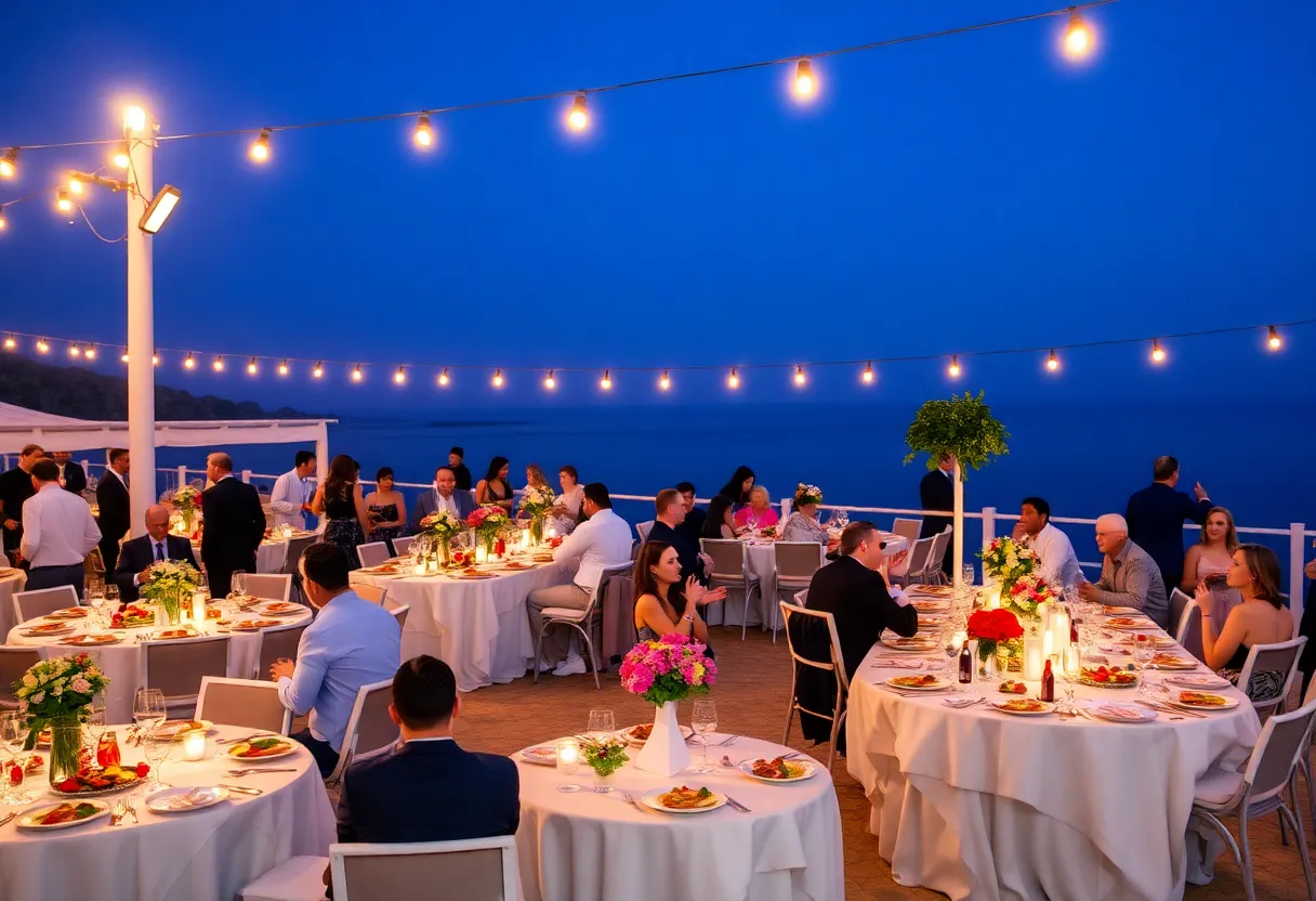 Guests enjoying the Hilton Head Island Gala with Mediterranean cuisine and decorations.